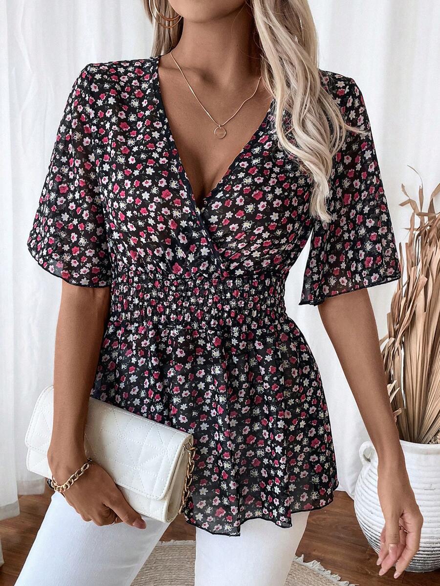 SHEIN LUNE 优雅 V 领碎花褶饰腰部衬衫荷叶边上衣