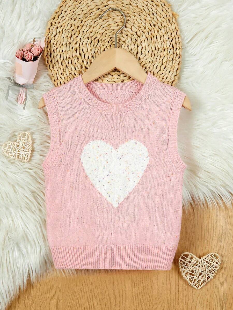 SHEIN Young Girl Crew Neck Sleeveless Heart Pattern Casual Pullover Sweaters, Heart Sweater Baby - Pink - View 1