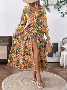 Breezaya Vestido largo envolvente con estampado floral completo para mujer, perfecto para vacaciones y salidas informales. - Multicolor - Ver 3