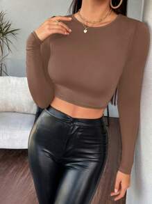 RueChic Solid Round Neck Crop Tee - Brown - View 4