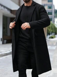 Manfinity Mode Áo khoác len dài tay hai hàng khuy màu trơn cho chồng, Áo khoác dài cho nam, Áo khoác dài màu đen cho nam, Áo khoác dài cho nam - màu đen - Xem 5