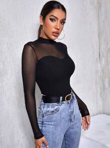 SHEIN Privé Mesh Yoke Solid Tee - Black - View 5