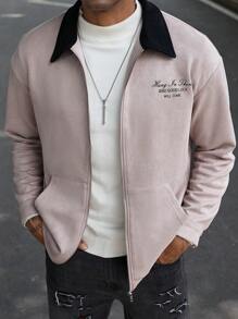 Manfinity Homme Chaqueta con cuello de contraste y gráfico de eslogan para hombres - Rosa - Ver 2