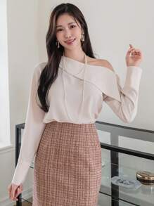 DAZY Blusa feminina de manga comprida com ombro assimétrico e cor sólida, roupas de outono - Bege - Ver 6