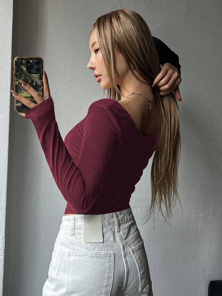 Solid Color Slim Fit Long Sleeve T-Shirt, Spring And Autumn,Fall Women Clothes