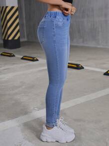 Teen Girl Y2K Elastic Waist Insert Pocket Denim Stretch Pants, Fall Back To School Cute - Light Wash - View 4