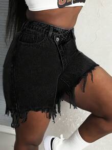 SHEIN Slayr Women's Button Fashionable Raw Edge Hem Design Street Style Mid-Rise Denim Shorts - Black - View 3