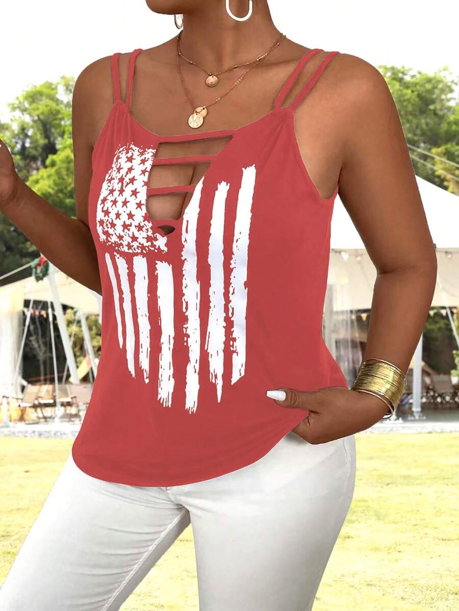 SHEIN LUNE 大码夏季休闲美国国旗印花镂空吊带背心