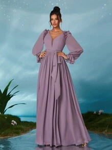 Women's Frill Trim Lantern Sleeve Chiffon Maxi Dress - Dusty Purple - View 3