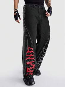 ROMWE MEN ROMWE Avant Men's Casual Letter Print Straight-Leg Washed Baggy Jeans - Black - View 6