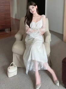 DAZY 女士蕾丝长袖方领中长款派对/舞会礼服太阳裙、秋装 - 白色 - 查看 4
