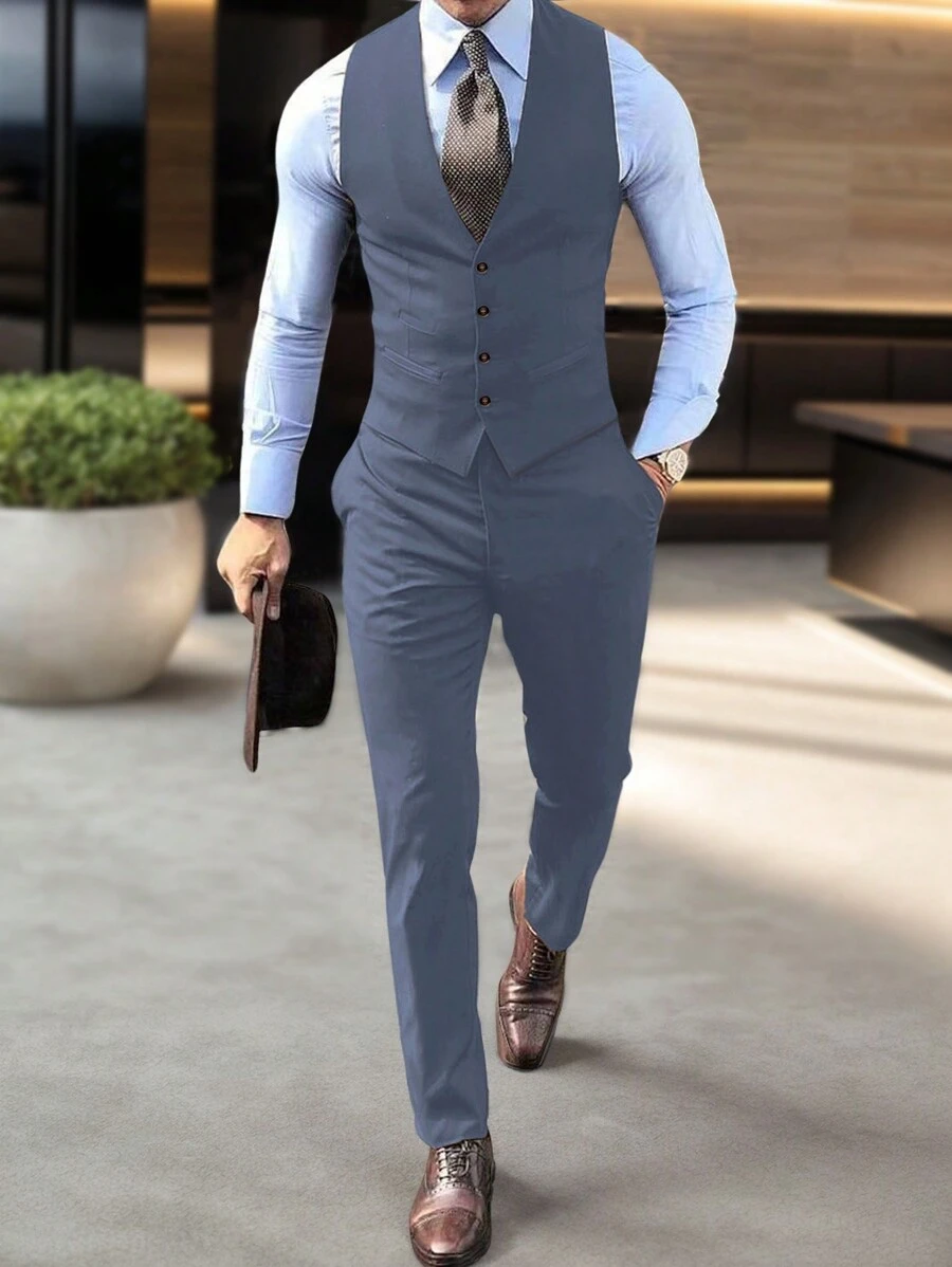 Manfinity Mode Men's Suit Vest And Pants Set, Men Light Blue Suit, Men Slim Fit Suit, Men Dress Suit - Blue - View 1