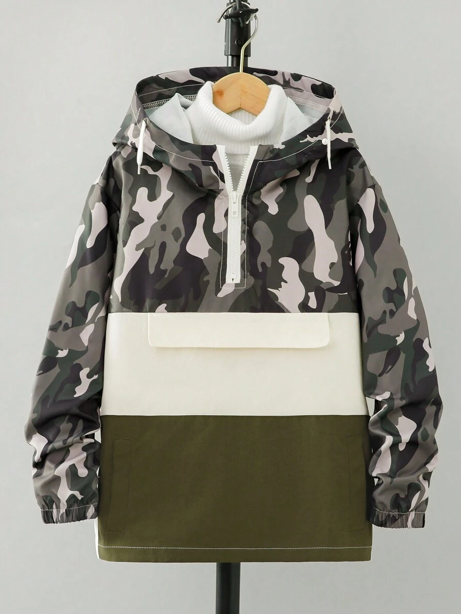 SHEIN 男童迷彩户外长袖连帽夹克 - 彩色 - 查看 1