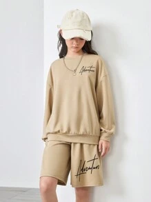 SHEIN 2pcs/Set Tween Girls' Loose Casual Handwritten Text Print Sweatshirt And Wide-Leg Pants Outfit, Early Autumn - Apricot - View 5
