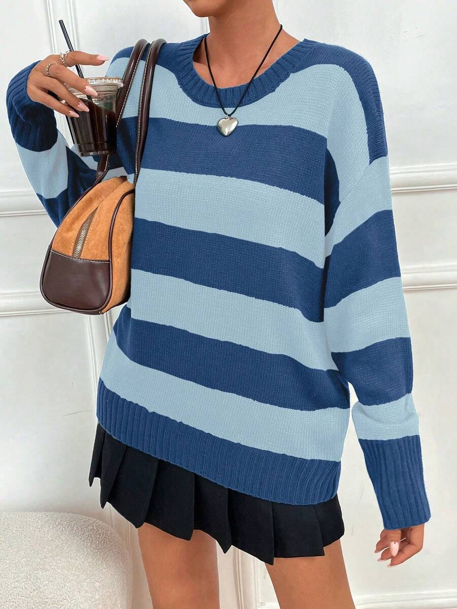 SHEIN Unity Fashionable Ladies' Round Neck Striped Casual Long Sleeve Pullover Sweater, Knit Pullover Fall Winter - Multicolor - View 1