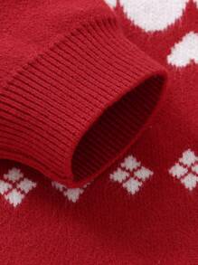 Elegant & Cute Christmas Red Sweater For Infants & Toddlers, Round Neck Long Sleeve Featuring Lovely Heart & Bow Knit Design, Fashionable & Practical Daily Wear - Red - View 5