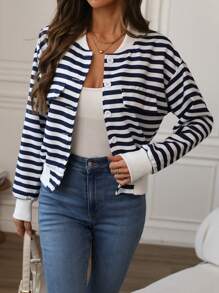 Chiquease Navy Style Blue & White Striped Casual Front Button Long Sleeve Baseball Jacket Fall Cloth For Women - Blue - View 4