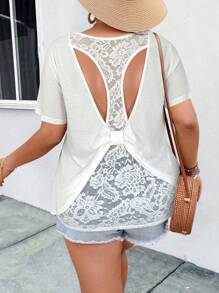 SHEIN LUNE Áo thun cổ tròn tay ngắn màu trơn cỡ lớn có ren tương phản - trắng - Xem 3