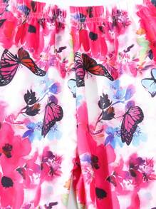 2 piezas Pantalones casuales de punto y mezclilla con estampado de flores y mariposas para niñas, otoño/invierno - Multicolor - Ver 5