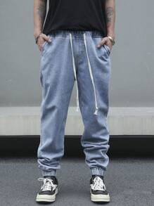 Manfinity EZcore 男士时尚抽绳口袋街头风格牛仔裤，纯色长直筒浅蓝色抽绳工装牛仔裤，适合丈夫、男朋友的礼物 - 藍色 - 查看 1