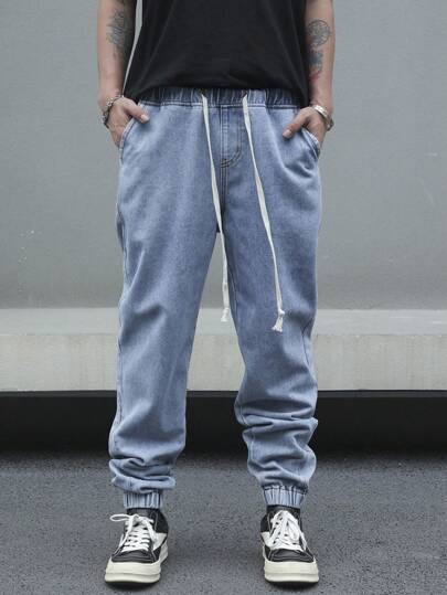 Manfinity EZcore 男士时尚抽绳口袋街头风格牛仔裤，纯色长直筒浅蓝色抽绳工装牛仔裤，适合丈夫、男朋友的礼物