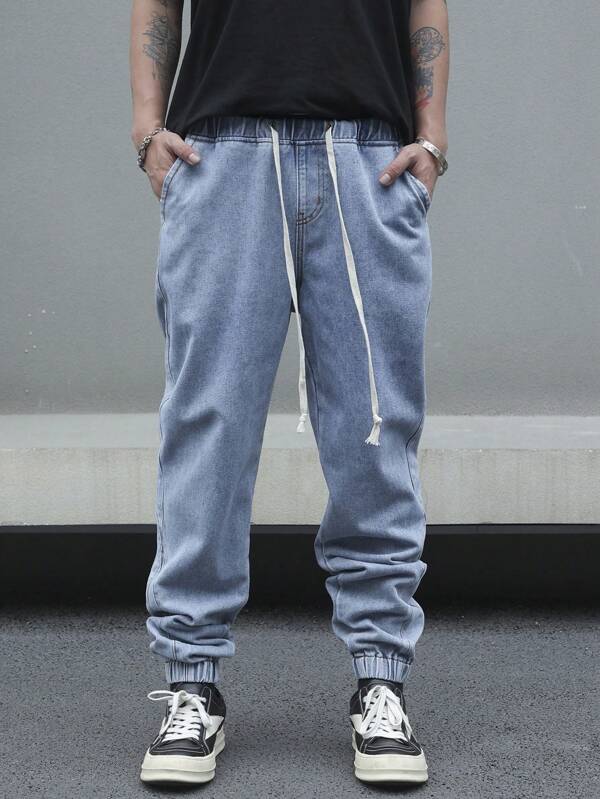 Manfinity Hypemode Men's Fashion Drawstring Pocket Street Style Denim Jeans, Plain Long Straight Leg Light Blue Drawstring Cargo Jeans, For Husband, Boyfriend Gifts