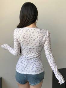 DAZY Women's Spring And Summer Floral Printed Round Neck Long Sleeve Slim Fit T-Shirt - Baby Pink - View 5