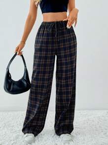 SHEIN Tall Plaid Printed Drawstring Waistband Slanted Pocket Loose Casual Wide Leg Pants - Brown - View 6