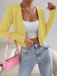 SHEIN Unity 女生马卡龙色休闲百搭开衫 - 黃色 - 查看 6