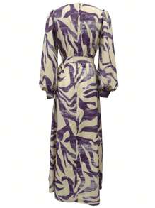 Women's All-Over Print Round Neck Lantern Sleeve Long Elegant Arabic Style Dress, Modest
