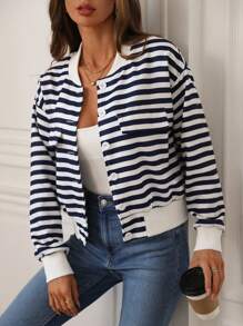 Chiquease Navy Style Blue & White Striped Casual Front Button Long Sleeve Baseball Jacket Fall Cloth For Women - Blue - View 3