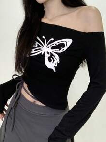 DAZY 女式蝴蝶印花落肩长袖圆领 T 恤，秋季，图案 T 恤，秋季女装