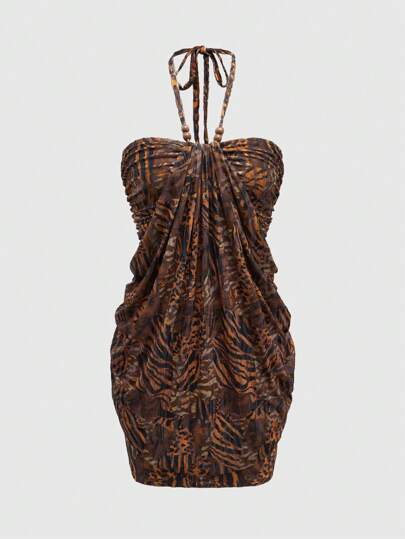 Grunge Punk Subculture Harajuku Y2K Vintage Leopard & Zebra Flocking Texture Halter Backless Sexy Mini Dress For Women