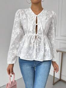 SHEIN LUNE Women's Commute Simple Floral Jacquard Front Tie Long Sleeve Elegant Blouse, Spring/Summer