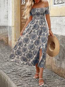 Breezaya 1 件露肩度假休闲全印花高开叉连衣裙