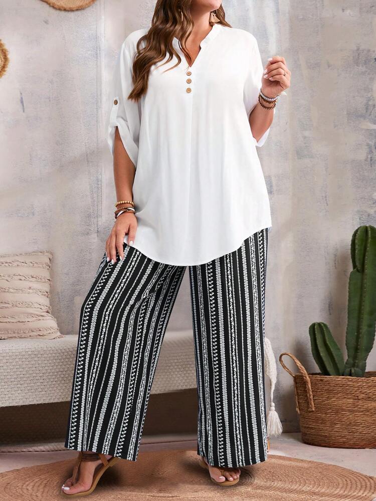 Plus Size Women Casual Solid Color Top & Printed Pants 2 Pieces Set