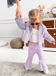 SHEIN 3pcs/Set Baby Girl Autumn/Winter Outfit - Thick Turndown Collar Jacket, Suspender Vest And Flared Pants - Purple - View 1