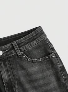 ROMWE Grunge Punk Y2K Style Women's Low Waist Denim Mini Shorts With Back Wing Embroidery Pocket, Sequin & Beaded Embellishments - Grey - View 3