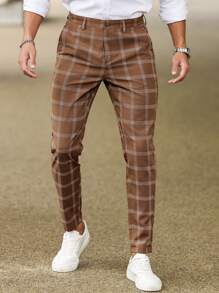 Manfinity Homme Men's Plaid Straight Loose Casual Commute Suit Pants With Pockets Men Plaid Pantsplaid Pants Menplaid Pantscheckered Pantsbrown Pants For Men - Chocolate Brown - View 4