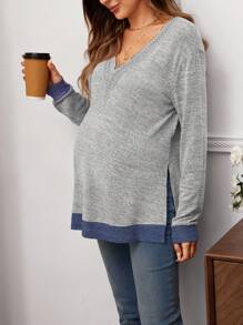 SHEIN Gravid stickad V-hals för gravida, rynkad långärmad T-shirt-tröja med blommönster - Grå - Visa 4