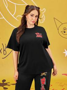TOM & JERRY X SHEIN Camiseta de manga corta, estampado vintage de dibujos animados, talla grande, color negro