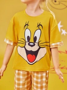 TOM & JERRY X SHEIN 卡通印花可爱黄色上衣和休闲格子裤睡衣套装，适合年轻女孩