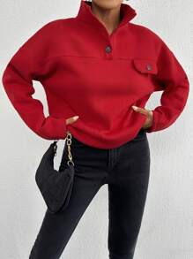 RueChic 100%Cotton Women's Button Up Half Placket Drop Shoulder Sweatshirt - Rose Red - View 3