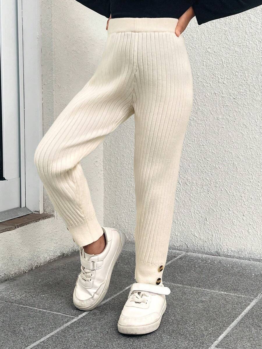 SHEIN Explorewe Young Girl Elegant & Cute Solid Color Knitted Elastic Pants, Suitable For Casual Wear And Layering, Soft And Comfortable For Fall/Winter
