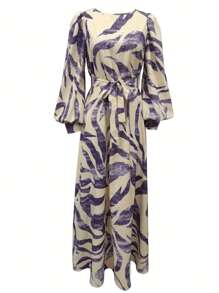 Women's All-Over Print Round Neck Lantern Sleeve Long Elegant Arabic Style Dress, Modest