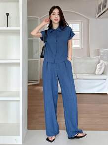 DAZY 2pcs Women Solid Color Blouse And Fashionable Wide Leg Pants Set Lounge Sets For Women Short Sets For Women - Blue - View 5