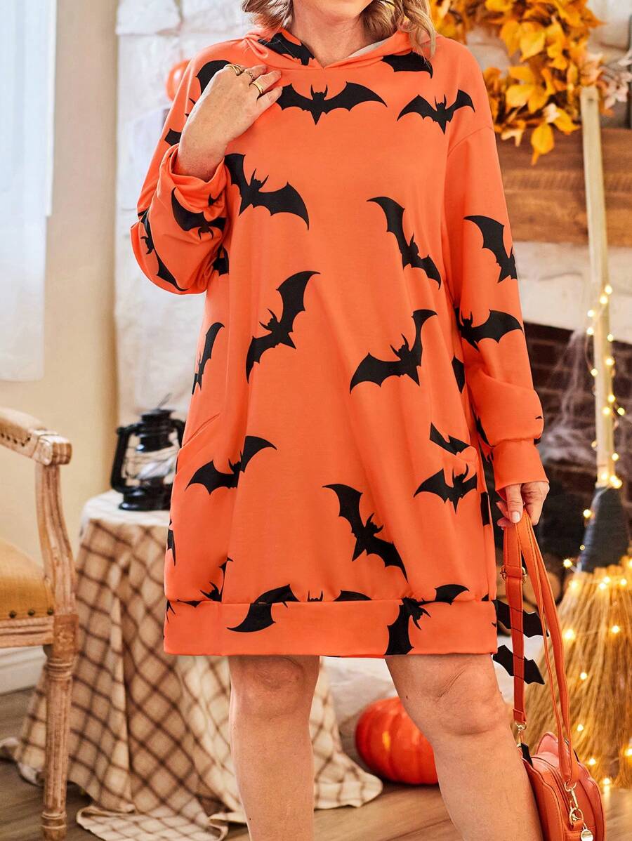 Plus Size Women's Bat Print Hooded Long Sleeve Sweatshirt Pullover Fall Outfit - Multicolor - View 1