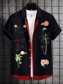 Manfinity Homme 男士彩色印花纽扣短袖衬衫 - 黑色 - 查看 1