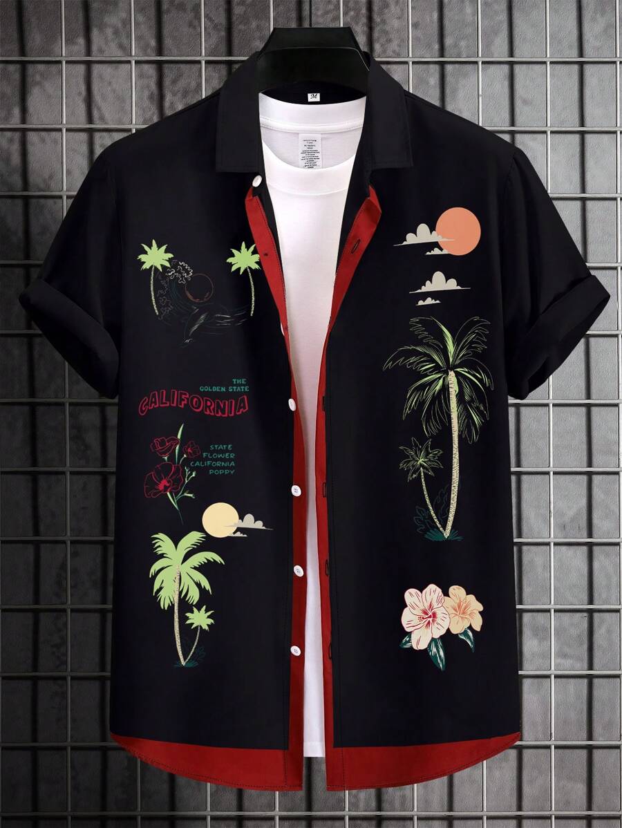 Manfinity Homme 男士彩色印花纽扣短袖衬衫 - 黑色 - 查看 1