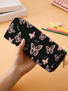 1 件蝴蝶和字母图案铅笔盒，返校，学校用品 - 黑色 - 查看 2